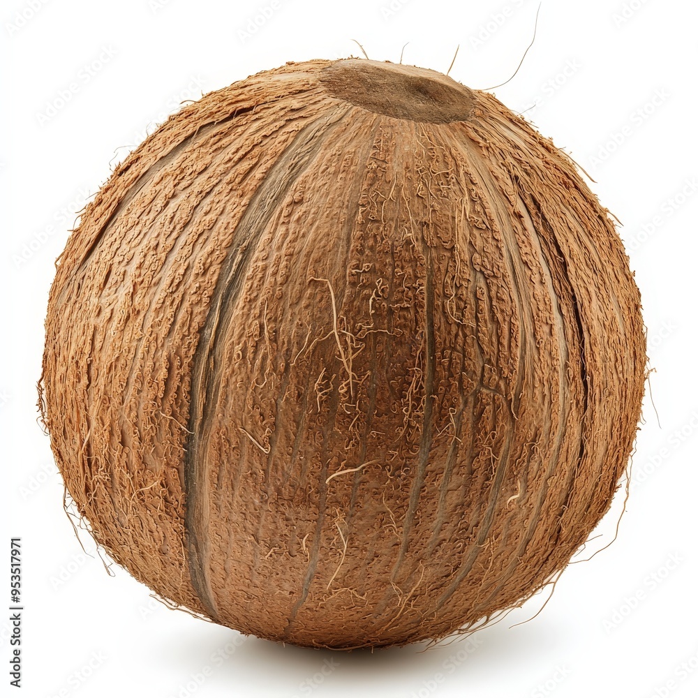 A large brown coconut sitting on a white background A large brown coconut sitting on a white background