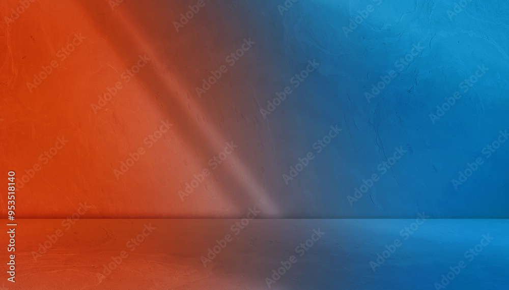 gradient red and blue background studio room with light beam from above for product display in battle, futuristic concept. floor and wall backdrop muslin design backdrop. concrete room backdrop.