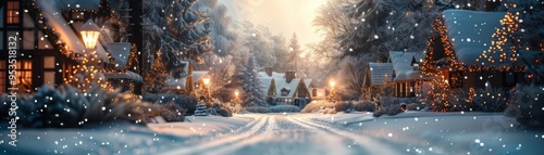 Enchanting winter scene featuring snow-covered cottages, glowing lights, and serene atmosphere, perfect for holiday inspiration.