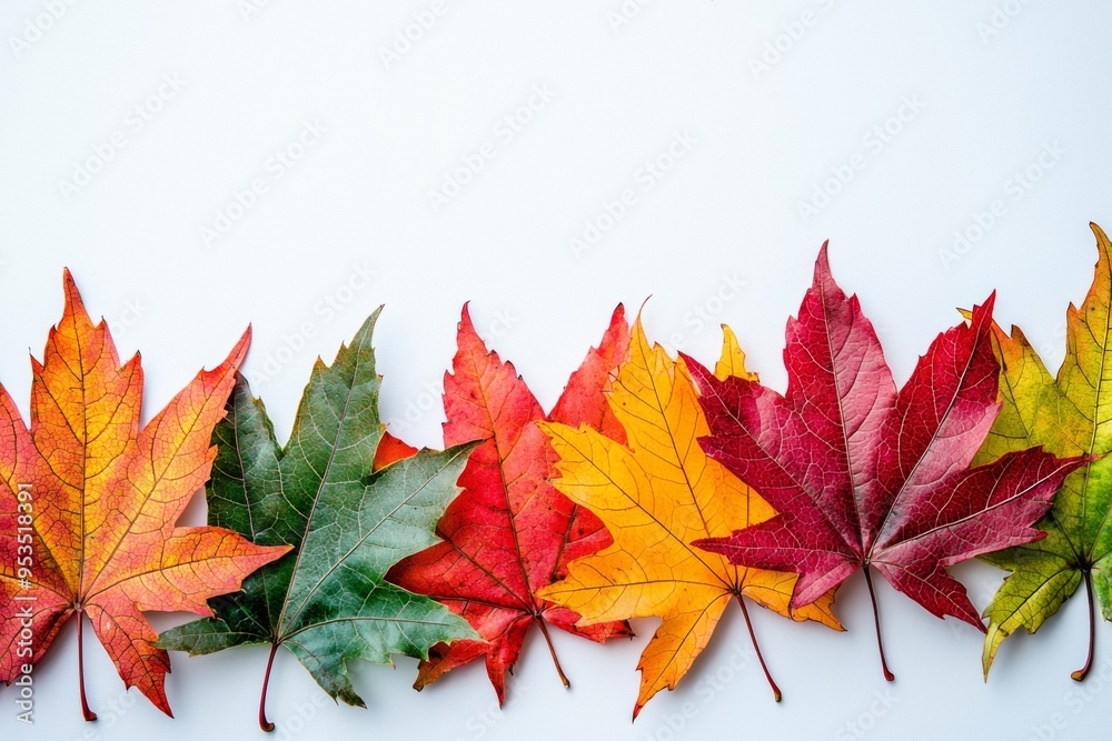 Autumn Maple Leaves Flat Lay White Background created with Generative AI Autumn Maple Leaves Flat Lay White Background created with Generative AI