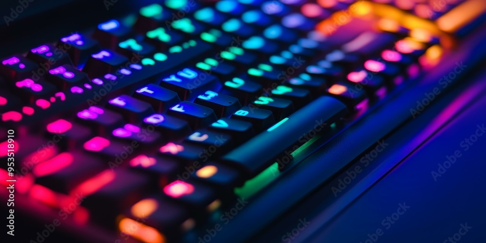 A colorful backlit keyboard with glowing keys. A colorful backlit keyboard with glowing keys.