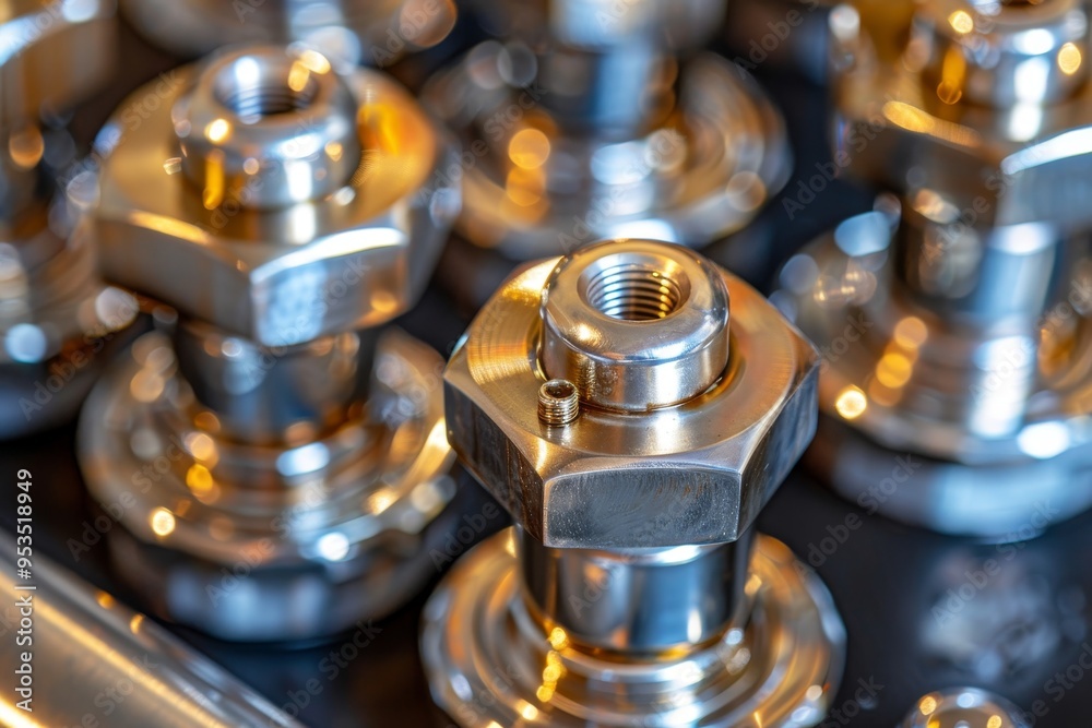 Close-Up of Precision Engineering Industrial Piping System with Polished Metal Components Close-Up of Precision Engineering Industrial Piping System with Polished Metal Components