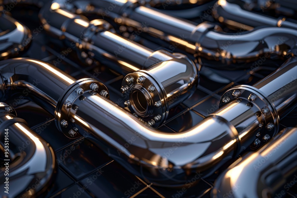 Naklejka premium Modern Piping System Polished Metal, Intricate Industrial Infrastructure and Engineering Detail