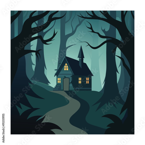 Dark forest with eerie lonely cabin and glowing windows under a full moon in teal and black