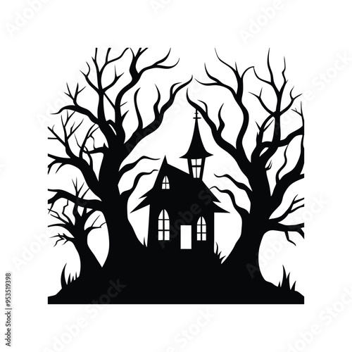 Haunted house silhouette with twisted trees in a dark forest creating an eerie Halloween atmosphere
