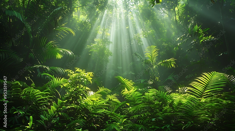 A lush green rainforest canopy teeming with various plant species, from towering trees to delicate ferns. The dense foliage forms a thick, vibrant green tapestry, with sunlight filtering through A lush green rainforest canopy teeming with various plant species, from towering trees to delicate ferns. The dense foliage forms a thick, vibrant green tapestry, with sunlight filtering through