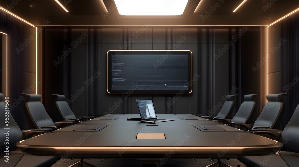 A high-tech conference room with an interactive touchscreen displaying digital marketing data, surrounded by sleek black chairs and a large wooden table, set against gray walls A high-tech conference room with an interactive touchscreen displaying digital marketing data, surrounded by sleek black chairs and a large wooden table, set against gray walls