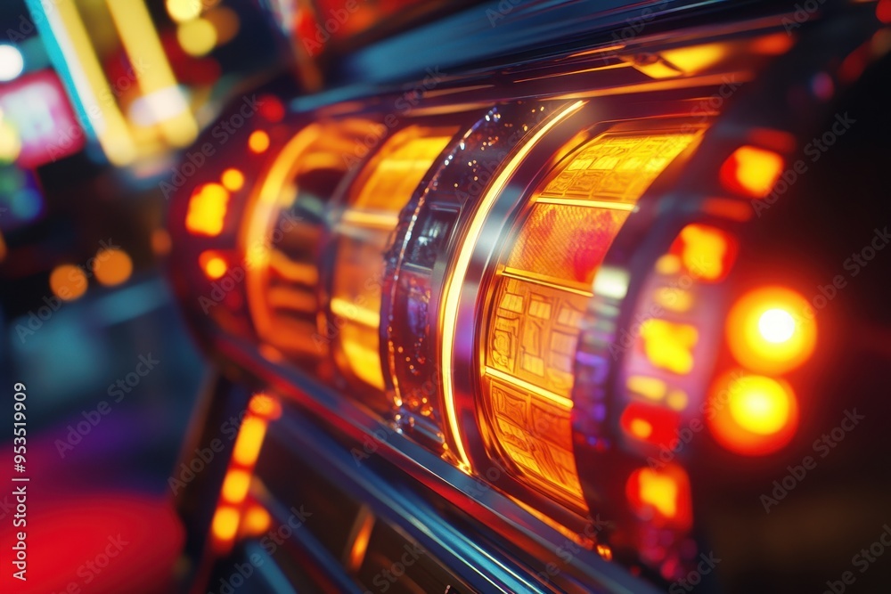 A slot machine with a bright neon sign above it A slot machine with a bright neon sign above it