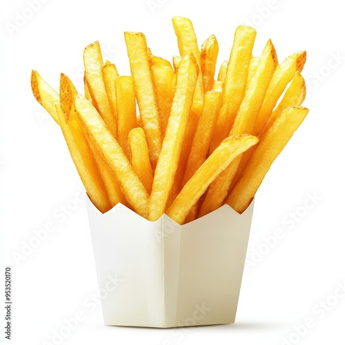 A box of french fries sits on a white background photo