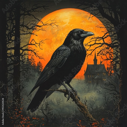 A black crow perched on a branch against a backdrop of an eerie full moon and a spooky house, ideal for Halloween or gothic-themed projects, photo