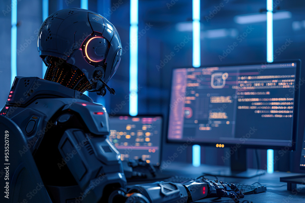 Two robots are sitting at a desk with a laptop in front of them, Two robots are sitting at a desk with a laptop in front of them,