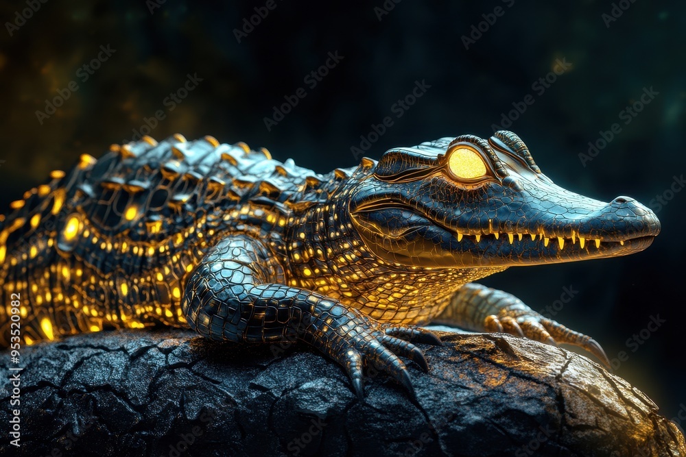 Fototapeta premium A blue and red crocodile is laying on the water