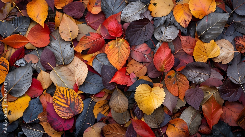 Vibrant autumn leaves in various shades of red, orange, yellow, and brown, covering the forest floor like a colorful mosaic. The leaves, each with its own unique shape and texture, create a Vibrant autumn leaves in various shades of red, orange, yellow, and brown, covering the forest floor like a colorful mosaic. The leaves, each with its own unique shape and texture, create a
