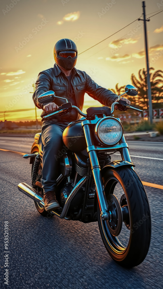 A biker on a motorcycle rides along the road, the sunset casting a side view silhouette. A biker on a motorcycle rides along the road, the sunset casting a side view silhouette.