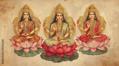 Three Hindu goddesses Lakshmi, Saraswati, Parvati seated on lotus flowers in traditional attire, symbolic Indian artwork representing divinity, power, and devotion 