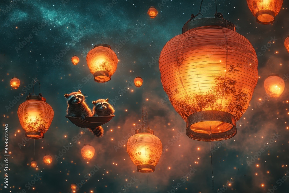 Fototapeta premium A group of raccoons are hanging from lanterns in the dark
