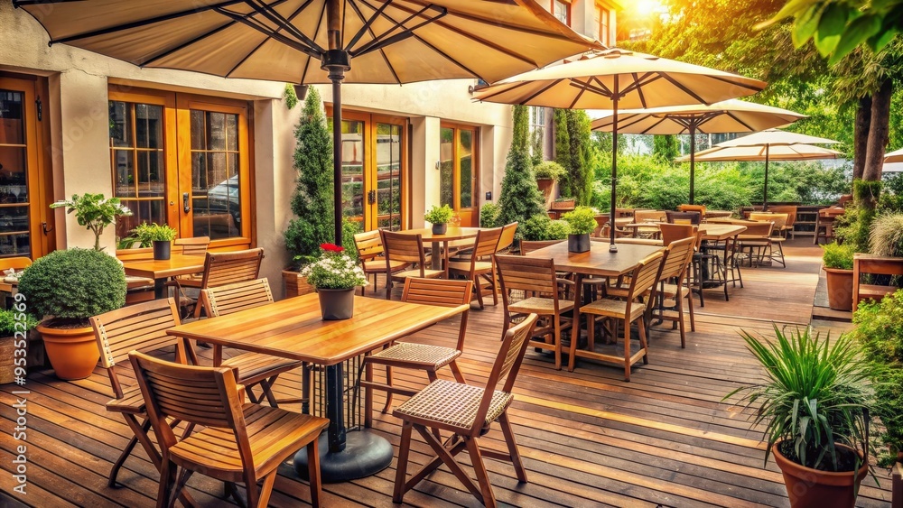 Obraz premium render of a cozy coffee shop terrace with wooden tables, chairs, and umbrellas, coffee, shop, terrace, render, cozy, wooden