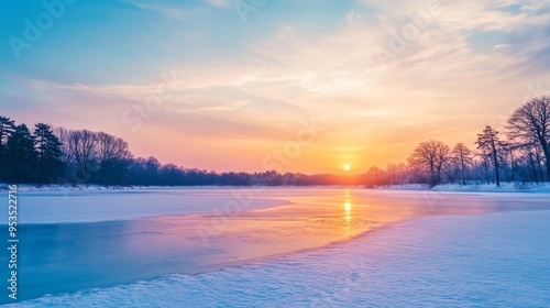 A winter sunset over a frozen lake