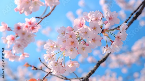 Delicate cherry blossoms in full bloom, set against a clear blue sky. The branches are adorned with clusters of soft pink flowers, their petals gently fluttering in the breeze, creating a scene 