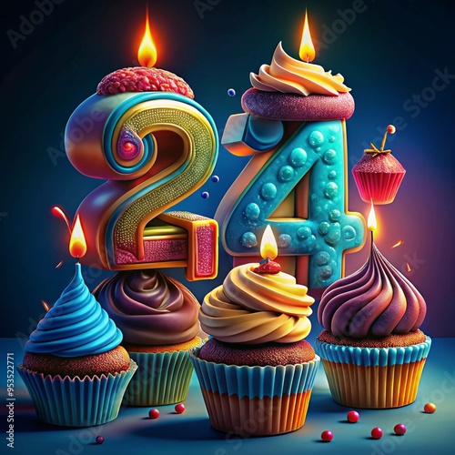 Birthday Cupcakes With Candles Lit Forming The Number 24 - Photo On Blue Background