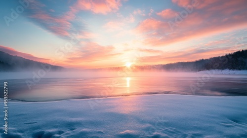 A winter sunset over a frozen lake