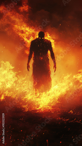 A Demonic Figure, Enshrouded in Fiery Torment, Rises from the Inferno