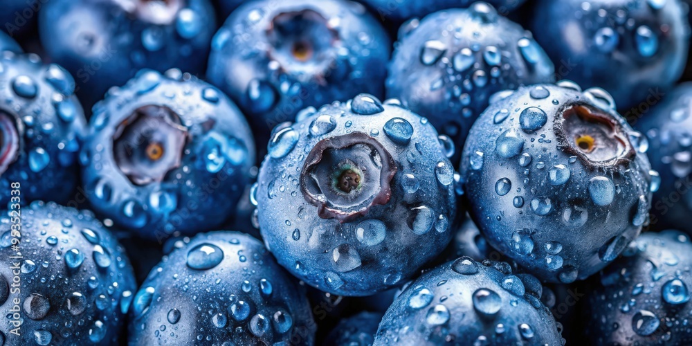 Top view of fresh blueberry with water drops, macro shot for food photography, healthy eating concept, blueberry, fresh