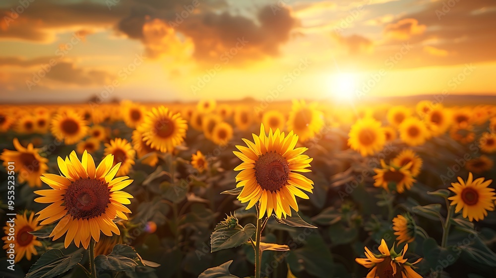 Obraz premium A vibrant field of sunflowers stretching endlessly under a setting sun, with golden light bathing the tall, sun-kissed blooms. Each sunflower faces the warm glow, creating a sea of radiant yellow 