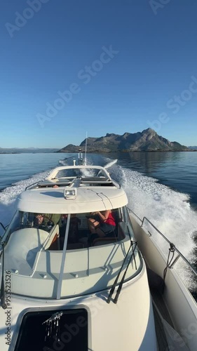 motor boat on the sea. Vertical design in 9:16 ratio. Smartphone and social media ready.