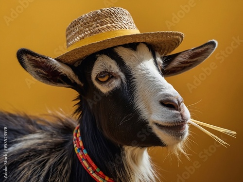 A goat donning a straw hat, set against a vivid yellow backdrop. photo