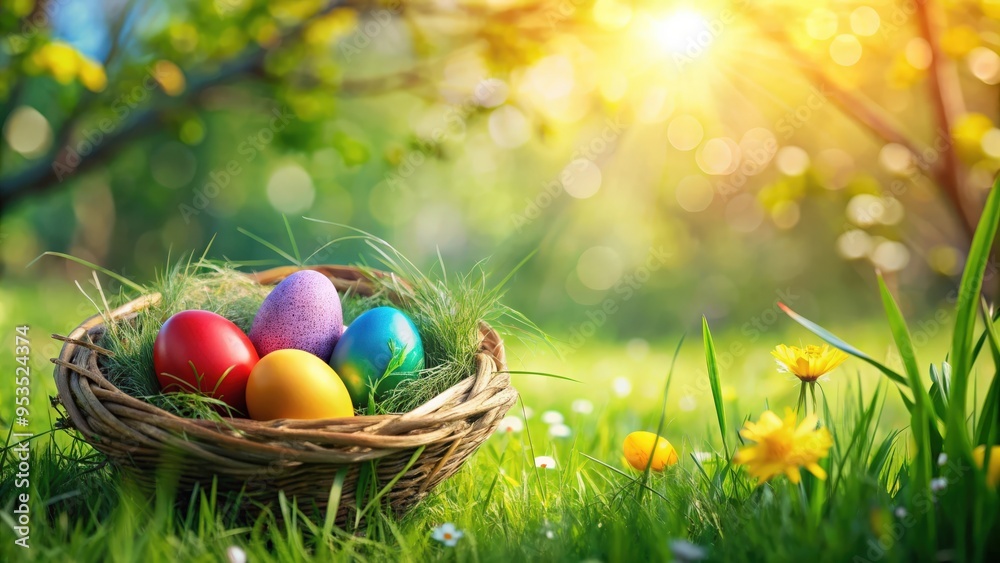 Nest with colorful Easter eggs hidden in green grass on a sunny spring day, festive decoration background, Easter, eggs