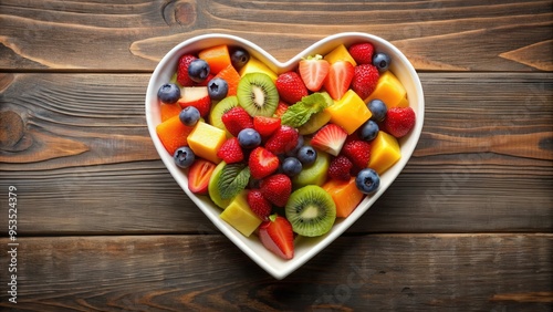 Fruit salad in heart shaped bowl, a healthy and colorful snack, fruit salad, heart shaped bowl, healthy eating