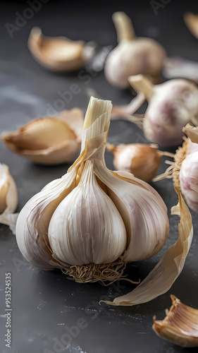 A close-up of garlic cloves arranged on a sleek black background, highlighting their texture and natural color.