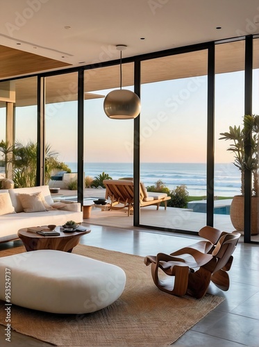 Modern Living Room with Ocean View and Wooden Furniture