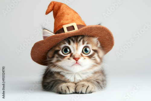 Adorable cat wearing a whimsical orange hat, perfect for festive celebrations and playful imagery. photo