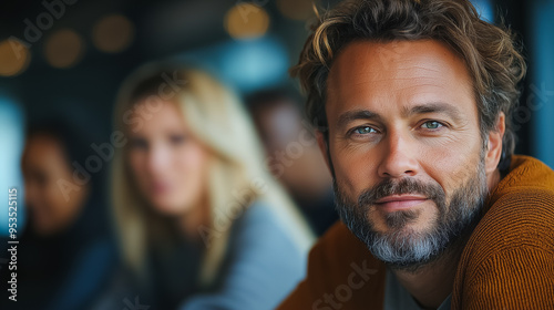 A man with a beard and glasses is smiling at the camera. He is wearing a brown sweater and is surrounded by other people photo