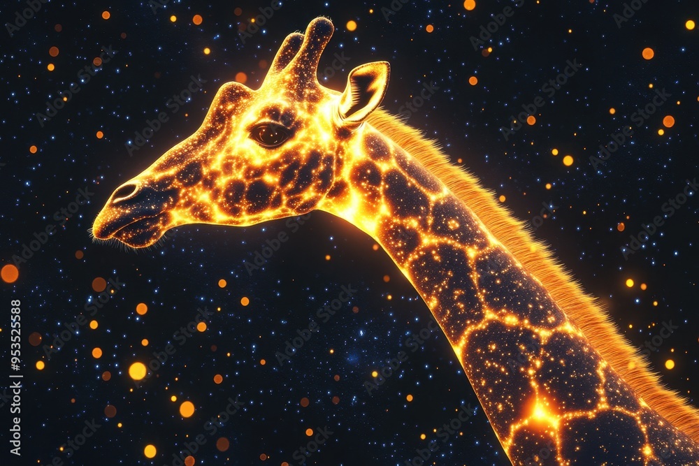 Fototapeta premium A giraffe is shown in a starry night sky with glowing spots