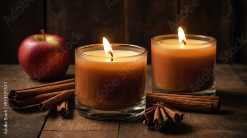 cinematic kino apple cinnamon candles with a background of wooden table