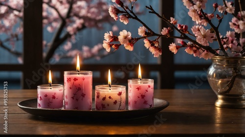 cinematic kino cherry blossom candles with a background of wooden table