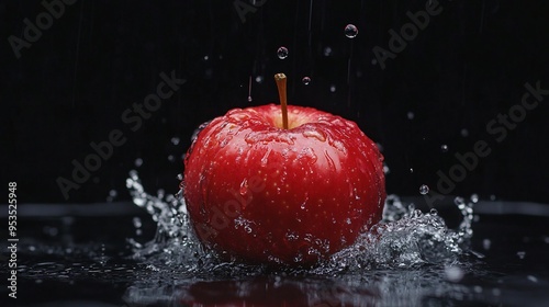 water splashes on red apple on black background. photo