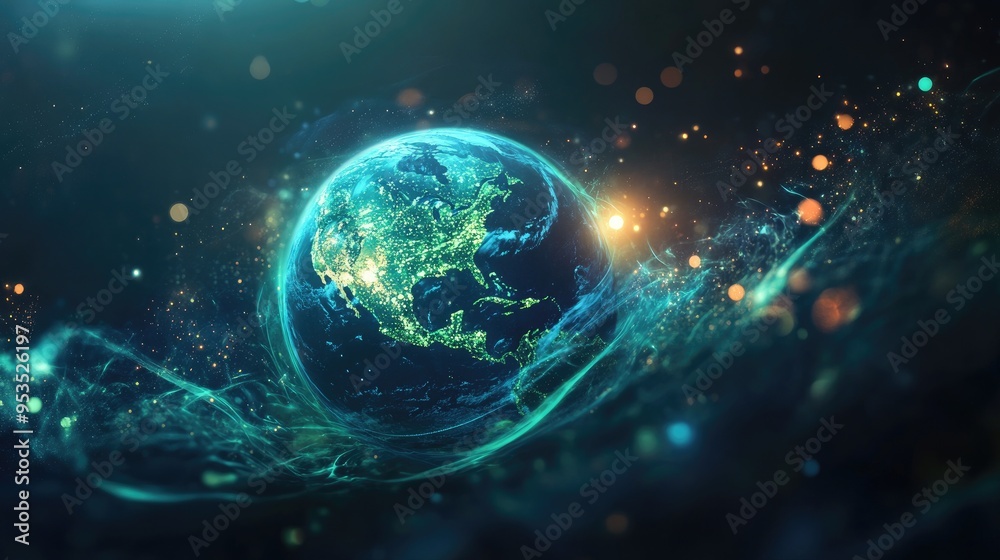 Obraz premium Glowing Earth in blue and green hues, encircled by dynamic waves and soft bokeh lights, representing the synergy of nature and technology.