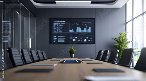 Wallpaper Mural A high-tech conference room with an interactive touchscreen displaying digital marketing data, surrounded by sleek black chairs and a large wooden table, set against gray walls Torontodigital.ca