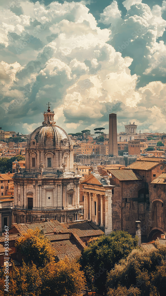 Fototapeta premium A Glimpse of History: Ancient Roman Architecture Under a Cloudy Sky