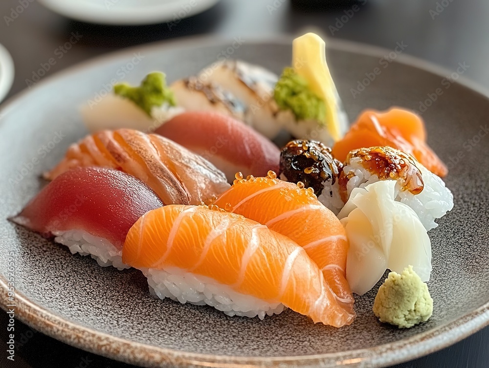 Exquisitely Arranged Luxury Sushi Platter with Fresh Seafood and Delicate Wasabi, Showcased on a Minimalist Plate for High-End Dining Experience