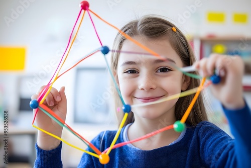 In an elementary classroom, a girl student uses a learning tool to successfully navigate geometry, feeling a sense of achievement.