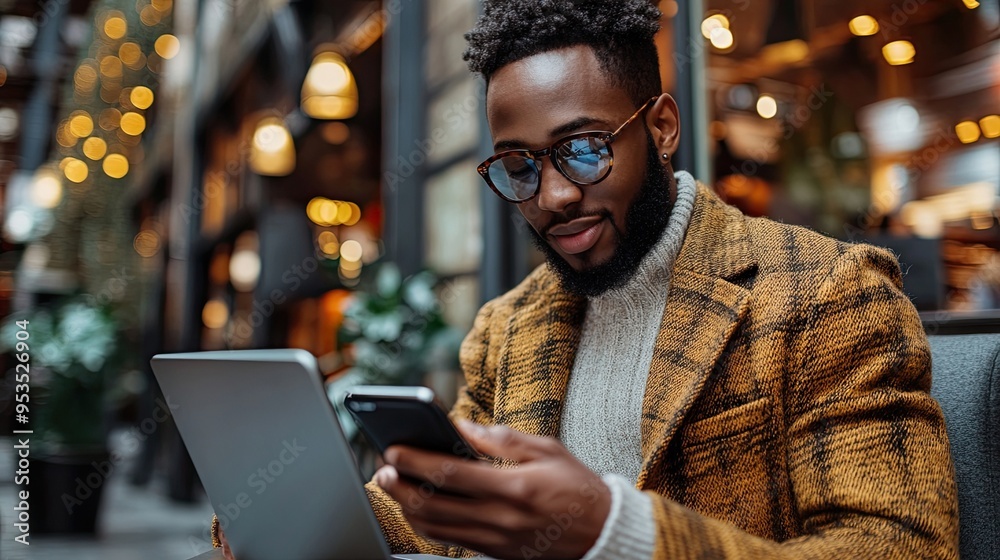 Busy Businessman Using a Smartphone and Laptop in an Office Environment
