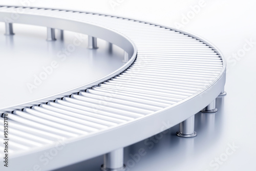 Curved conveyor belt with sleek design. Perfect for industrial and commercial applications in logistics and manufacturing environments.