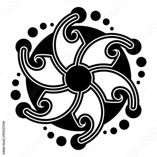 Pinwheel shaped crop circle pattern. Structure in the shape of a six-pointed star or a flower with six petals, rotating counterclockwise. Modeled on a corn circle found 2024 in Wiltshire. Illustration