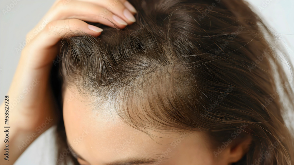 A woman concerned about hair thinning and loss, growth treatments and scalp care. This addresses stress related hair fall and explores solutions, hormone, worry, shampoo A woman concerned about hair thinning and loss, growth treatments and scalp care. This addresses stress related hair fall and explores solutions, hormone, worry, shampoo
