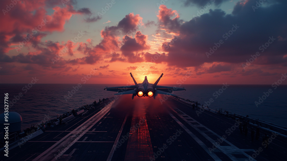 A jet fighter taking off from an aircraft carrier at dawn, with the ...